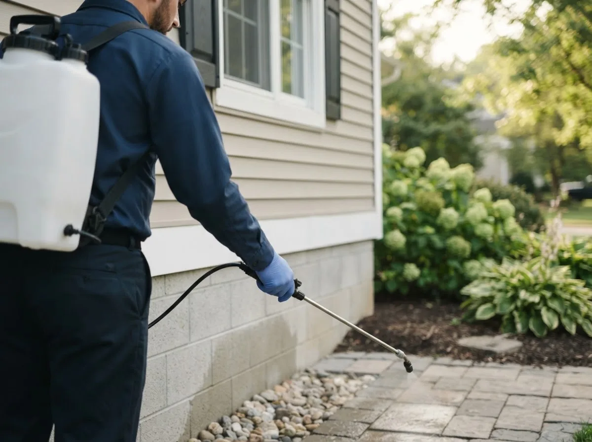 Pest control technician inspecting a home in Greensboro, FL